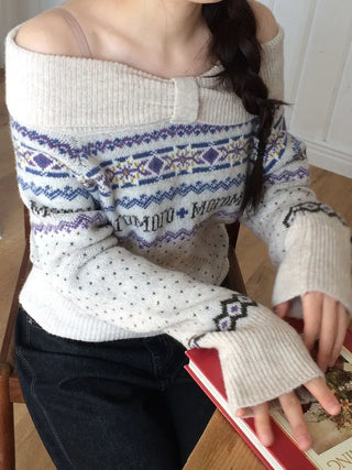 Yurana Nordic Ribbon Off-Shoulder Shibori Wool Knit