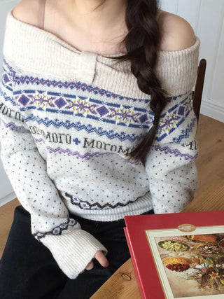 Yurana Nordic Ribbon Off-Shoulder Shibori Wool Knit