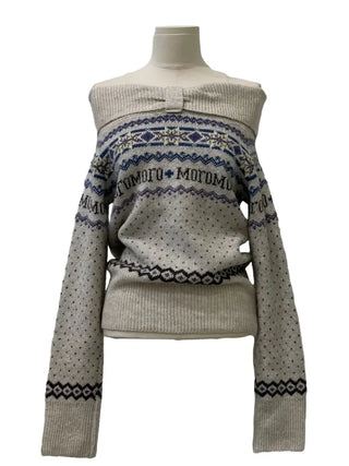 Yurana Nordic Ribbon Off-Shoulder Shibori Wool Knit