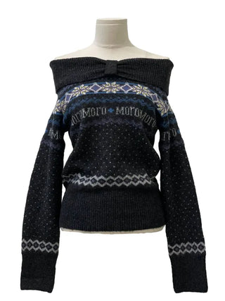 Yurana Nordic Ribbon Off-Shoulder Shibori Wool Knit