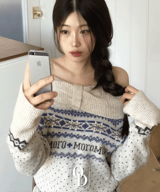 Yurana Nordic Ribbon Off-Shoulder Shibori Wool Knit