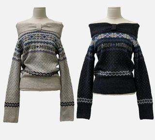 Yurana Nordic Ribbon Off-Shoulder Shibori Wool Knit