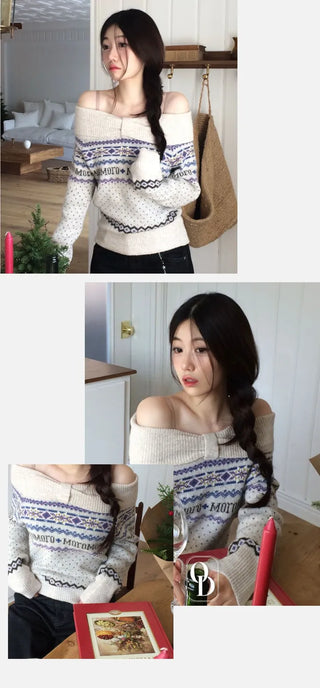 Yurana Nordic Ribbon Off-Shoulder Shibori Wool Knit