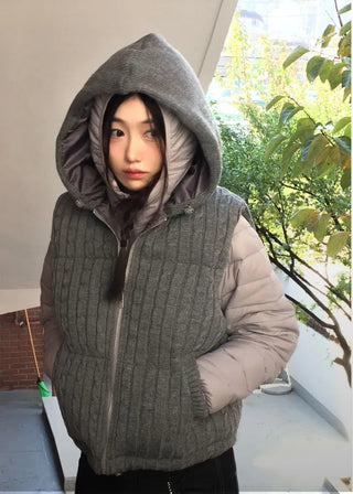 Snowy twisted cable knit hooded padded vest