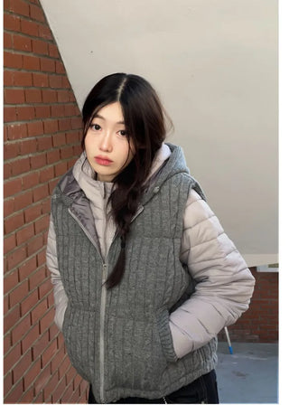 Snowy twisted cable knit hooded padded vest