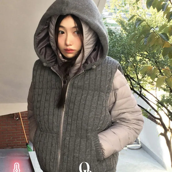 Snowy twisted cable knit hooded padded vest