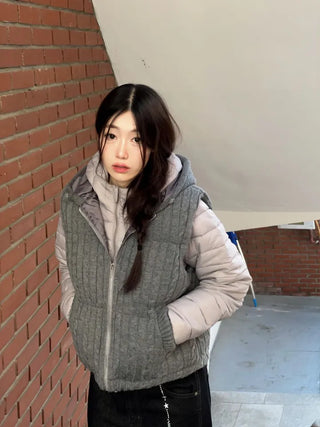 Snowy twisted cable knit hooded padded vest