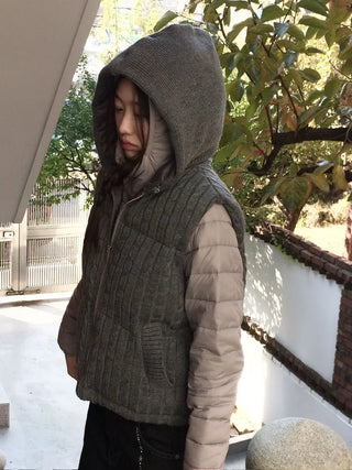 Snowy twisted cable knit hooded padded vest