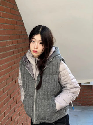 Snowy twisted cable knit hooded padded vest