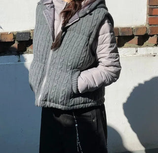Snowy twisted cable knit hooded padded vest