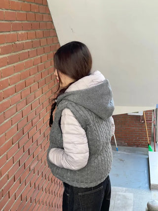 Snowy twisted cable knit hooded padded vest