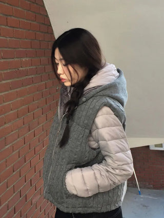 Snowy twisted cable knit hooded padded vest