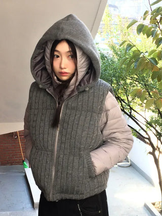 Snowy twisted cable knit hooded padded vest