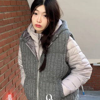 Snowy twisted cable knit hooded padded vest