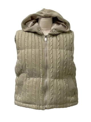 Snowy twisted cable knit hooded padded vest
