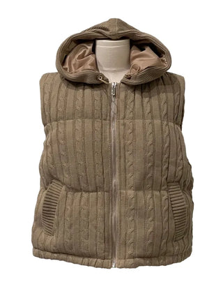 Snowy twisted cable knit hooded padded vest
