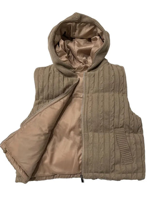 Snowy twisted cable knit hooded padded vest