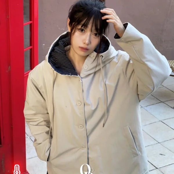 City Cloud Avan loose fit two-tone check hood high neck button quilted half jumper