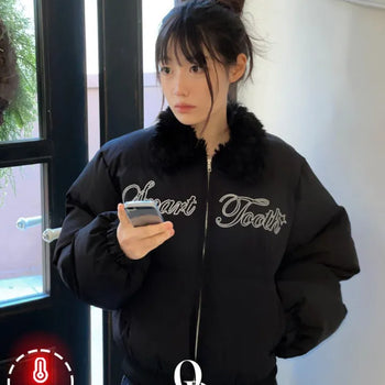 Chiro A-line Fit Lettering Stitch Fur Collar Neck Shibori Puffer Black Padded Jumper