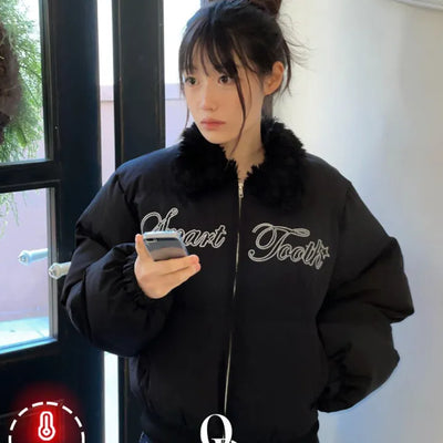 Chiro A-line Fit Lettering Stitch Fur Collar Neck Shibori Puffer Black Padded Jumper