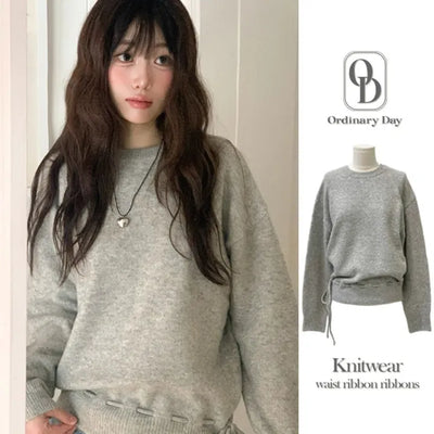 Fleury Ribbon Round Neck A-Line Loose Fit Wool Knit