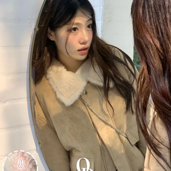 Versa Avant loose fit collar neck button suede fur mustang jacket jumper