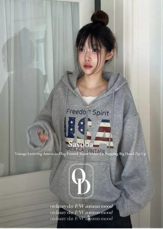Sayoha Two-zip Vintage Lettering Stars and Stripes Printed A-line Loose Fit Fleece Big Hooded Zip-up