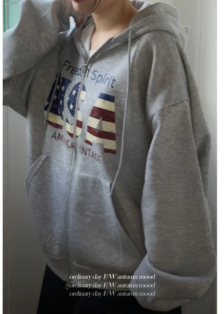 Sayoha Two-zip Vintage Lettering Stars and Stripes Printed A-line Loose Fit Fleece Big Hooded Zip-up