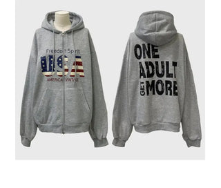 Sayoha Two-zip Vintage Lettering Stars and Stripes Printed A-line Loose Fit Fleece Big Hooded Zip-up