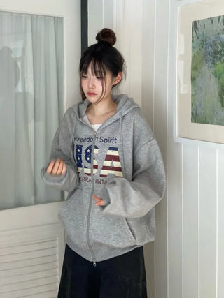 Sayoha Two-zip Vintage Lettering Stars and Stripes Printed A-line Loose Fit Fleece Big Hooded Zip-up
