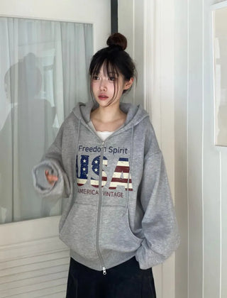 Sayoha Two-zip Vintage Lettering Stars and Stripes Printed A-line Loose Fit Fleece Big Hooded Zip-up