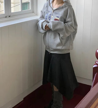 Sayoha Two-zip Vintage Lettering Stars and Stripes Printed A-line Loose Fit Fleece Big Hooded Zip-up