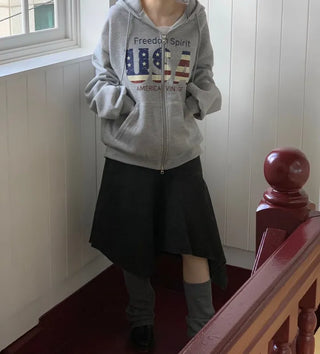 Sayoha Two-zip Vintage Lettering Stars and Stripes Printed A-line Loose Fit Fleece Big Hooded Zip-up