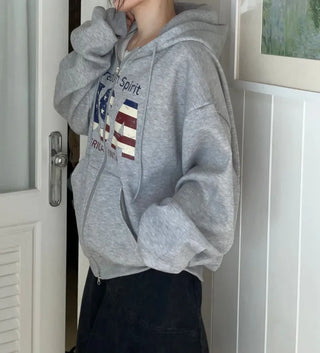 Sayoha Two-zip Vintage Lettering Stars and Stripes Printed A-line Loose Fit Fleece Big Hooded Zip-up
