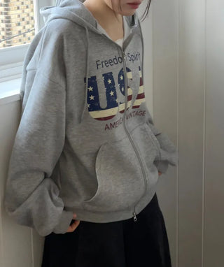 Sayoha Two-zip Vintage Lettering Stars and Stripes Printed A-line Loose Fit Fleece Big Hooded Zip-up