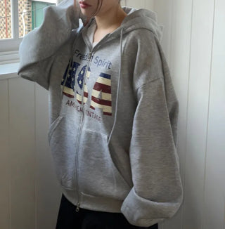 Sayoha Two-zip Vintage Lettering Stars and Stripes Printed A-line Loose Fit Fleece Big Hooded Zip-up