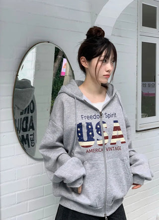 Sayoha Two-zip Vintage Lettering Stars and Stripes Printed A-line Loose Fit Fleece Big Hooded Zip-up