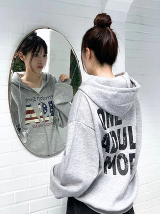 Sayoha Two-zip Vintage Lettering Stars and Stripes Printed A-line Loose Fit Fleece Big Hooded Zip-up