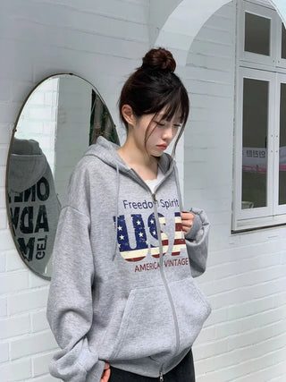 Sayoha Two-zip Vintage Lettering Stars and Stripes Printed A-line Loose Fit Fleece Big Hooded Zip-up