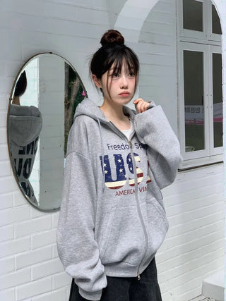Sayoha Two-zip Vintage Lettering Stars and Stripes Printed A-line Loose Fit Fleece Big Hooded Zip-up
