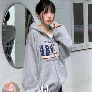 Sayoha Two-zip Vintage Lettering Stars and Stripes Printed A-line Loose Fit Fleece Big Hooded Zip-up