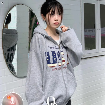 Sayoha Two-zip Vintage Lettering Stars and Stripes Printed A-line Loose Fit Fleece Big Hooded Zip-up