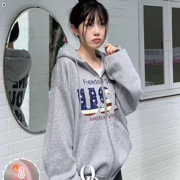 Sayoha Two-zip Vintage Lettering Stars and Stripes Printed A-line Loose Fit Fleece Big Hooded Zip-up