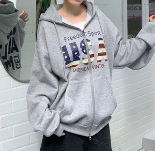 Sayoha Two-zip Vintage Lettering Stars and Stripes Printed A-line Loose Fit Fleece Big Hooded Zip-up