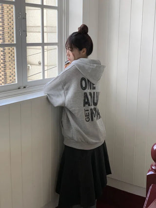 Sayoha Two-zip Vintage Lettering Stars and Stripes Printed A-line Loose Fit Fleece Big Hooded Zip-up