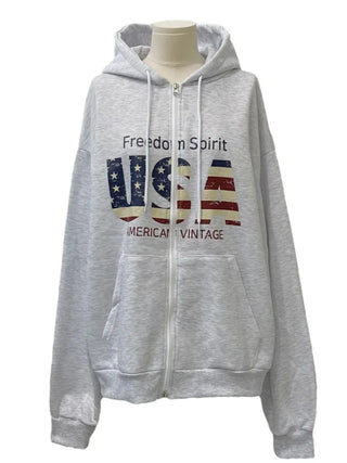 Sayoha Two-zip Vintage Lettering Stars and Stripes Printed A-line Loose Fit Fleece Big Hooded Zip-up