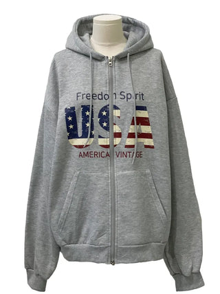 Sayoha Two-zip Vintage Lettering Stars and Stripes Printed A-line Loose Fit Fleece Big Hooded Zip-up