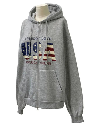 Sayoha Two-zip Vintage Lettering Stars and Stripes Printed A-line Loose Fit Fleece Big Hooded Zip-up