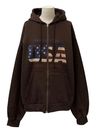Sayoha Two-zip Vintage Lettering Stars and Stripes Printed A-line Loose Fit Fleece Big Hooded Zip-up