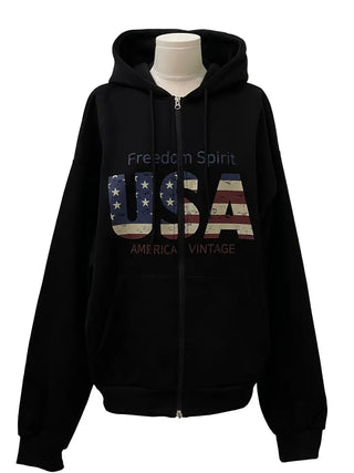 Sayoha Two-zip Vintage Lettering Stars and Stripes Printed A-line Loose Fit Fleece Big Hooded Zip-up